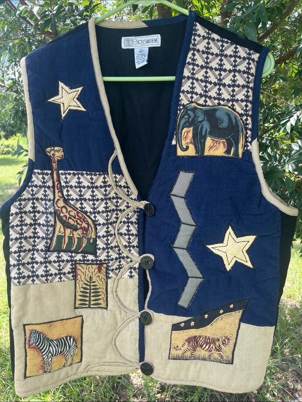 Size XL Chrysantheme Animal Patchwork Vest - Navy & Beige
